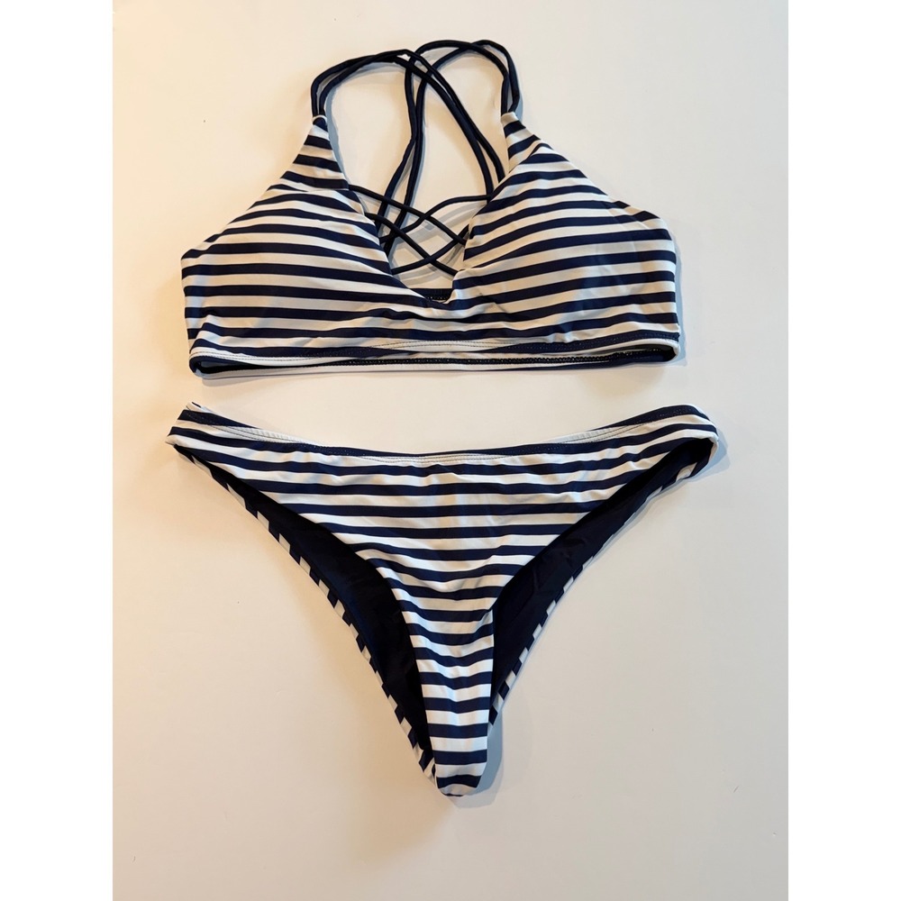 Navy Blue White Striped Lattice Front Bikini Set Two Piece Swimsuit Medium